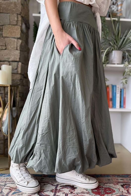 Paloma Bubble Hem Midi Skirt Soft Khaki